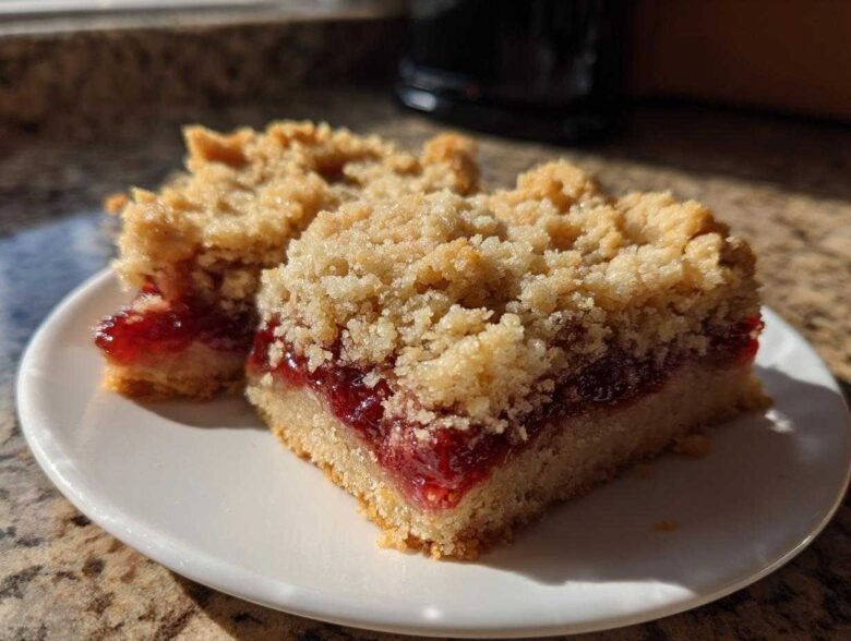 Two squares of Strawberry Shortbread Bars Summer Delight with a thick strawberry jam layer and crumbly topping on a white plate.