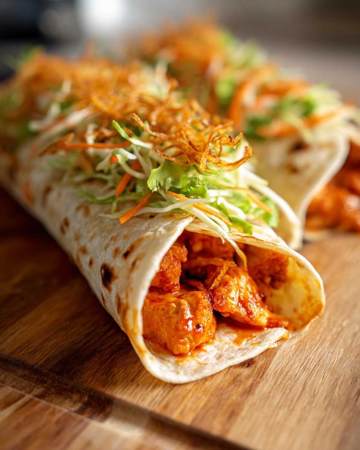 Close-up of a Sweet Chili Chicken Wraps Flavorpacked filled with saucy chicken, slaw, and crispy fried onions on a wooden board.