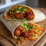 Two halves of Sweet Chili Chicken Wraps flavorpacked with crispy chicken and slaw on a wooden board.