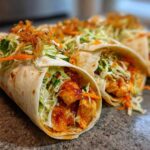Close-up of several Sweet Chili Chicken Wraps filled with glazed chicken, slaw, and crispy onions.