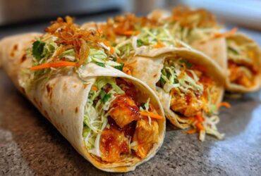 Close-up of several Sweet Chili Chicken Wraps filled with glazed chicken, slaw, and crispy onions.