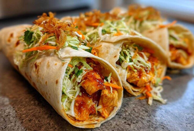 Close-up of several Sweet Chili Chicken Wraps filled with glazed chicken, slaw, and crispy onions.
