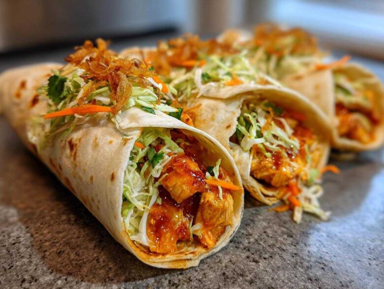 Close-up of several Sweet Chili Chicken Wraps filled with glazed chicken, slaw, and crispy onions.