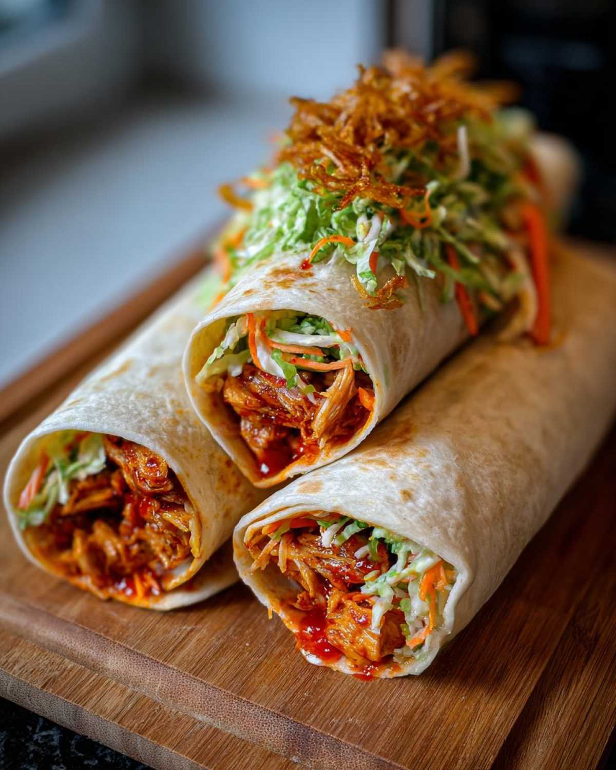 Three delicious Sweet Chili Chicken Wraps stacked on a wooden cutting board, filled with shredded chicken and slaw.
