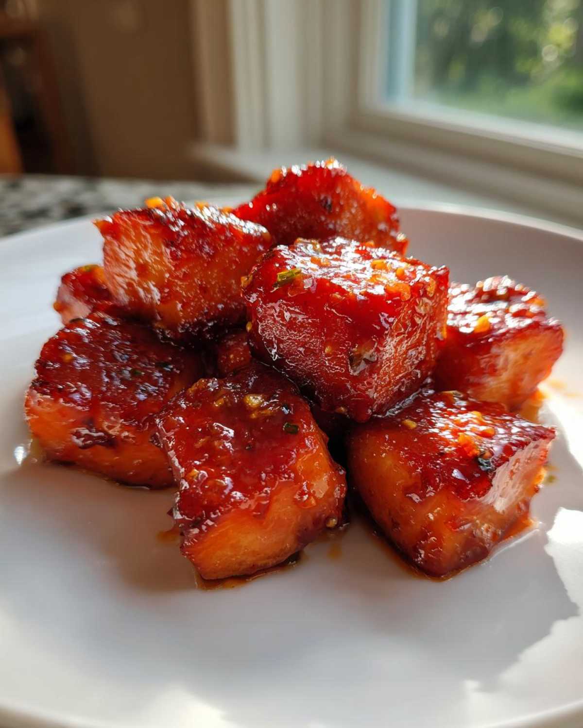 Close-up of glistening, glazed Sweet Chili Lime Salmon Bites piled on a white plate near a window.