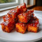A stack of glistening Sweet Chili Lime Salmon Bites coated in a thick, glossy, reddish-orange sauce, served on a white plate.