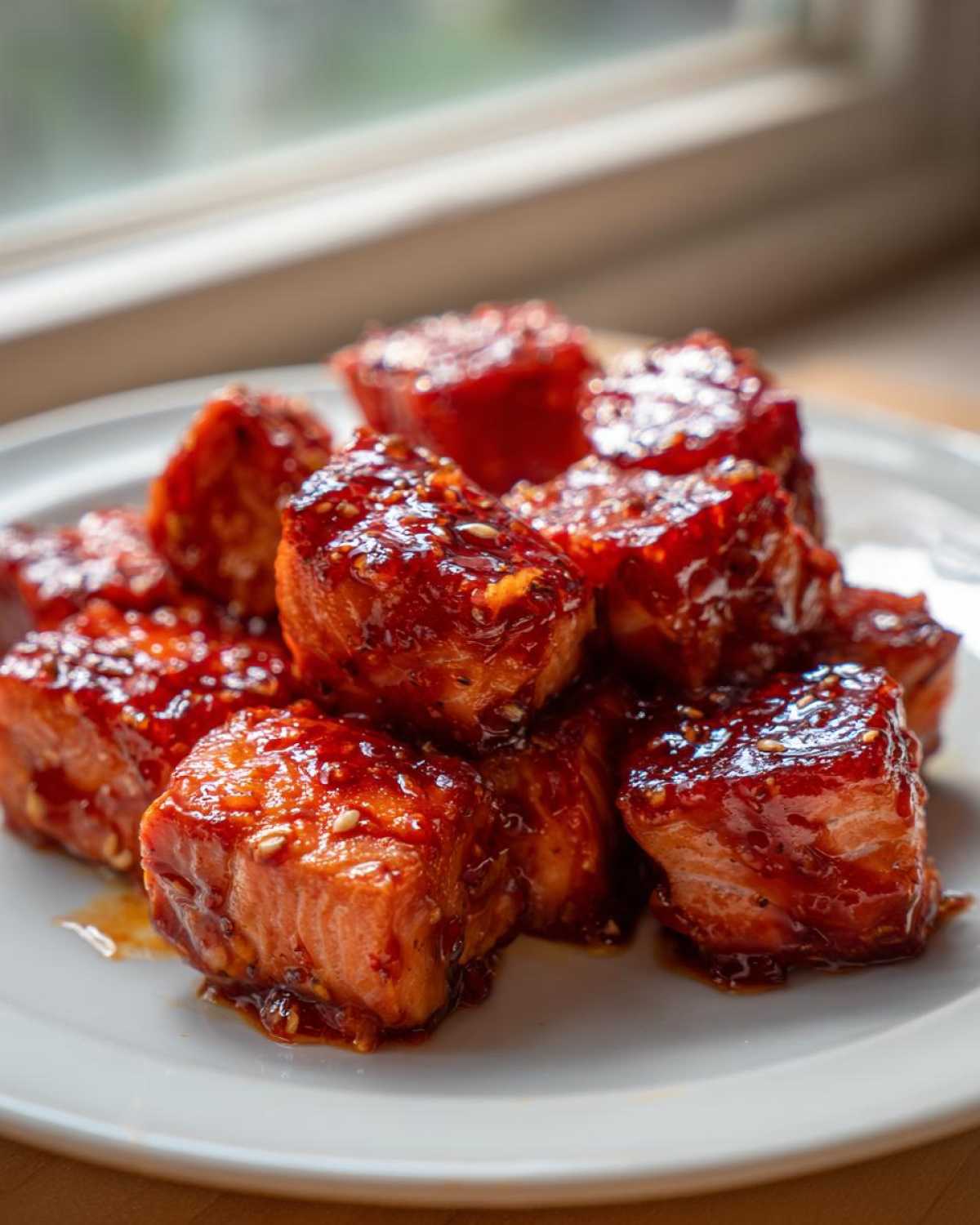 A close-up of several glistening Sweet Chili Lime Salmon Bites piled on a white plate, coated in a thick, reddish-brown glaze.