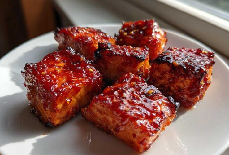 Five glistening, caramelized Sweet Chili Lime Salmon Bites stacked on a white plate, catching bright sunlight.