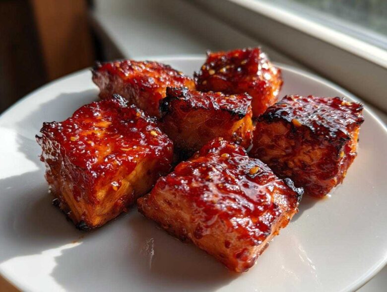 Five glistening, caramelized Sweet Chili Lime Salmon Bites stacked on a white plate, catching bright sunlight.