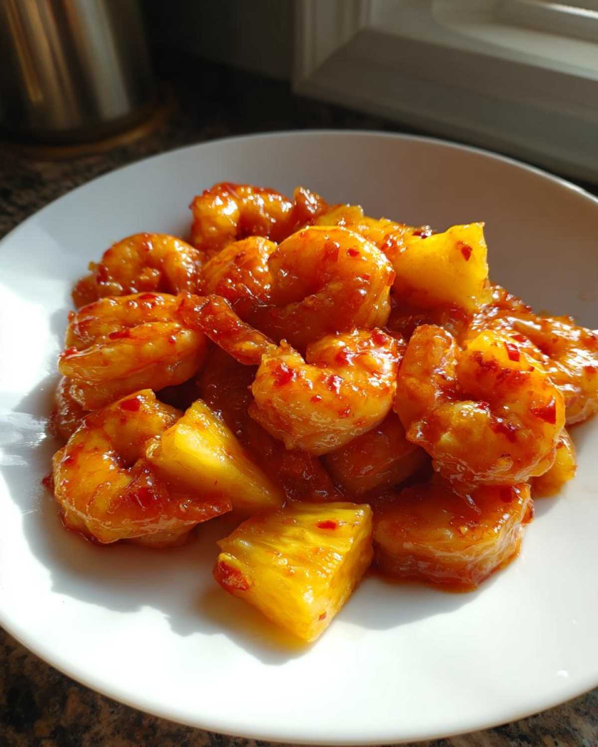 A close-up of glistening Sweet Chili Pineapple Shrimp coated in a vibrant orange-red sauce with visible chili flakes, served with chunks of pineapple.