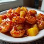 A white bowl filled with glistening Sweet Chili Pineapple Shrimp coated in a vibrant, spicy-sweet sauce.