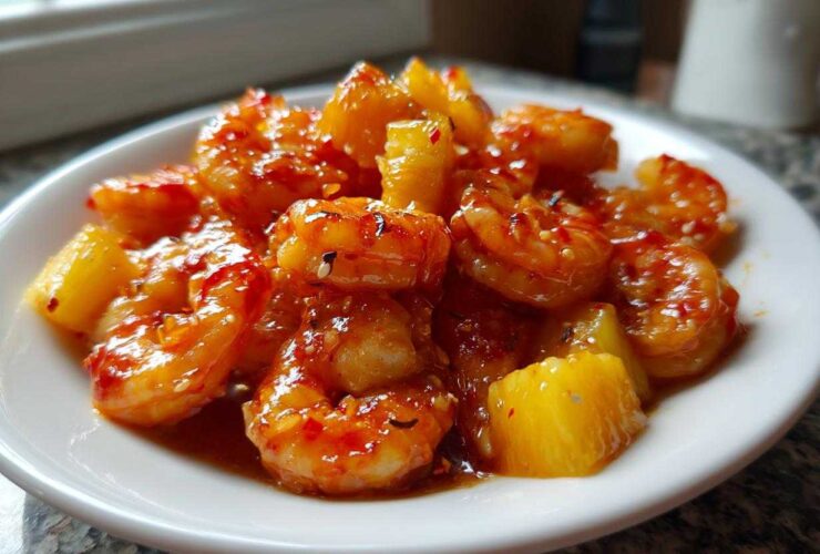 A white bowl filled with glistening Sweet Chili Pineapple Shrimp coated in a vibrant, spicy-sweet sauce.