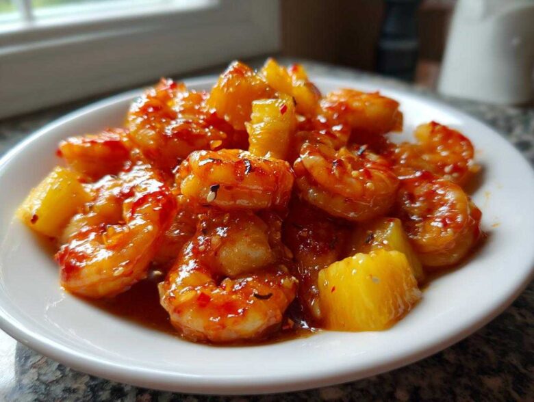 A white bowl filled with glistening Sweet Chili Pineapple Shrimp coated in a vibrant, spicy-sweet sauce.