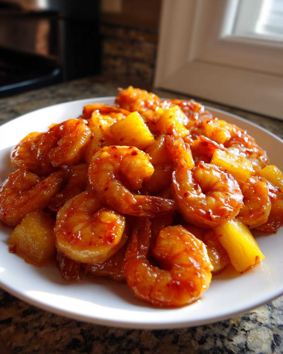 Close-up of glossy, orange-glazed Sweet Chili Pineapple Shrimp mixed with chunks of pineapple on a white plate.