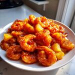 A close-up of Sweet Chili Pineapple Shrimp coated in a glossy orange sauce and sprinkled with sesame seeds, served on a white plate.