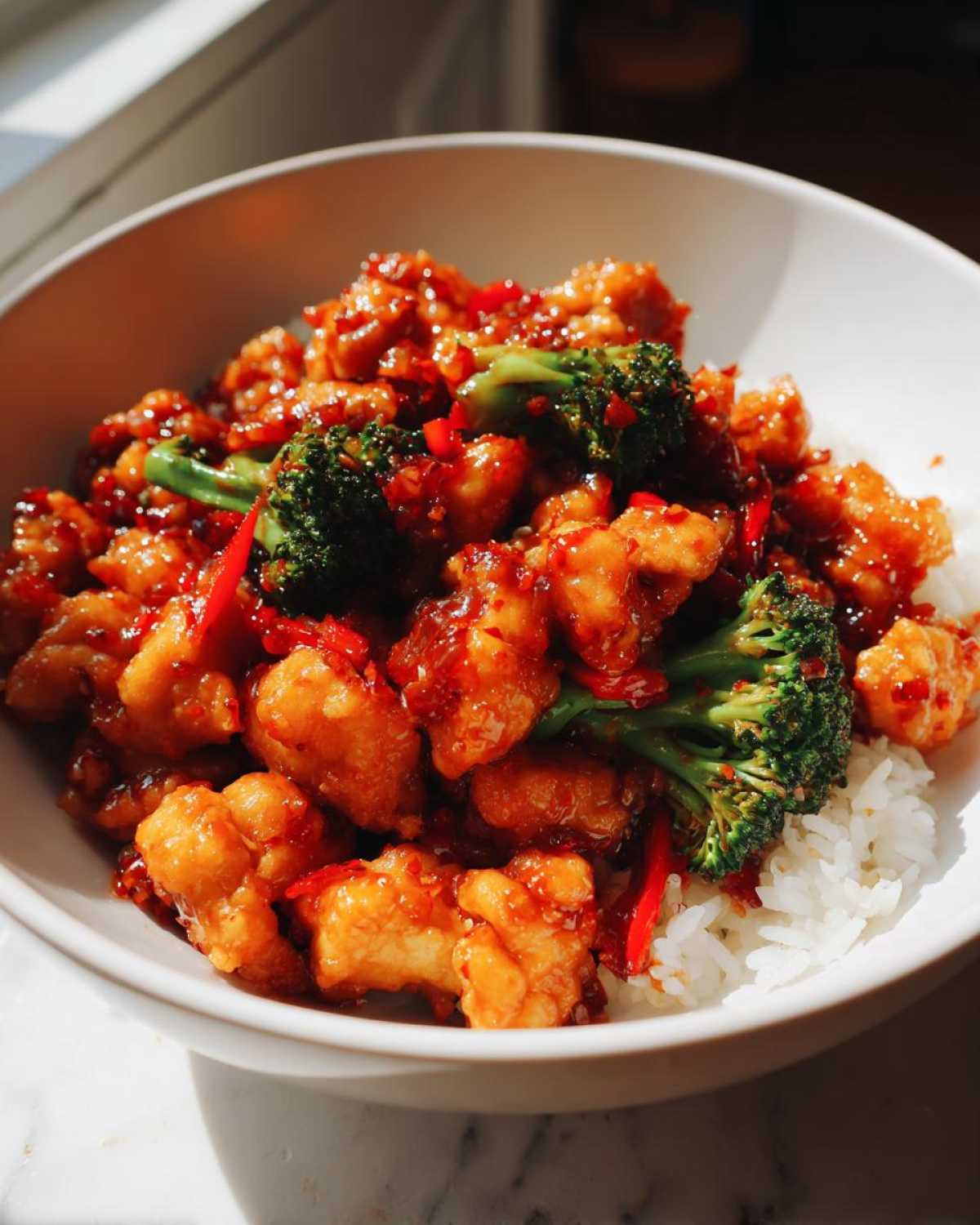 A close-up of Sweet Spicy Thai Chicken pieces coated in glossy red sauce, served over white rice with bright green broccoli florets.