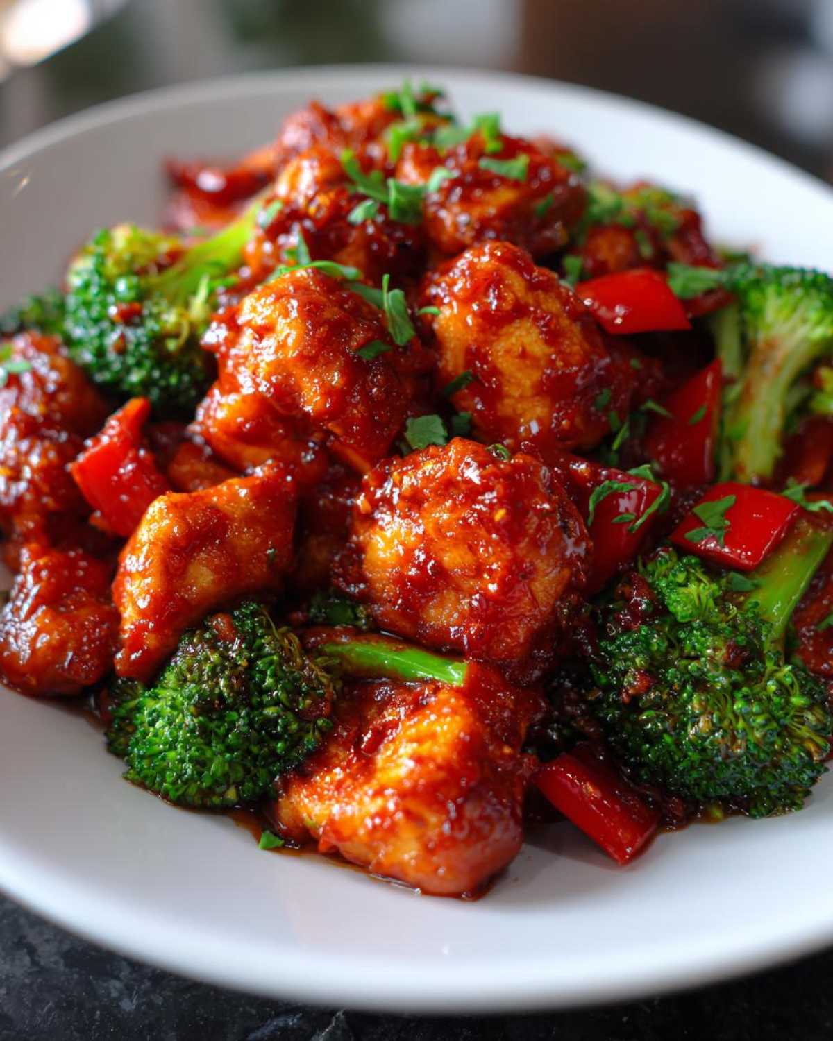 Close-up of Sweet Spicy Thai Chicken coated in a glossy red sauce, mixed with bright green broccoli florets and red peppers.