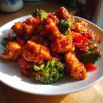 Close-up of crispy, glazed Sweet Spicy Thai Chicken pieces mixed with bright green broccoli florets on a white plate.