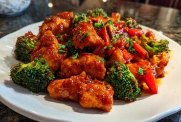 Close-up of Sweet Spicy Thai Chicken pieces coated in a glossy sauce with bright green broccoli florets.
