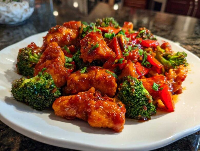 Close-up of Sweet Spicy Thai Chicken pieces coated in a glossy sauce with bright green broccoli florets.