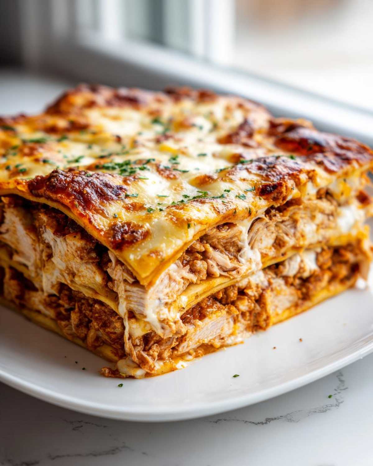 Close-up of a thick, layered slice of Texas King Ranch Chicken Casserole with melted cheese topping.