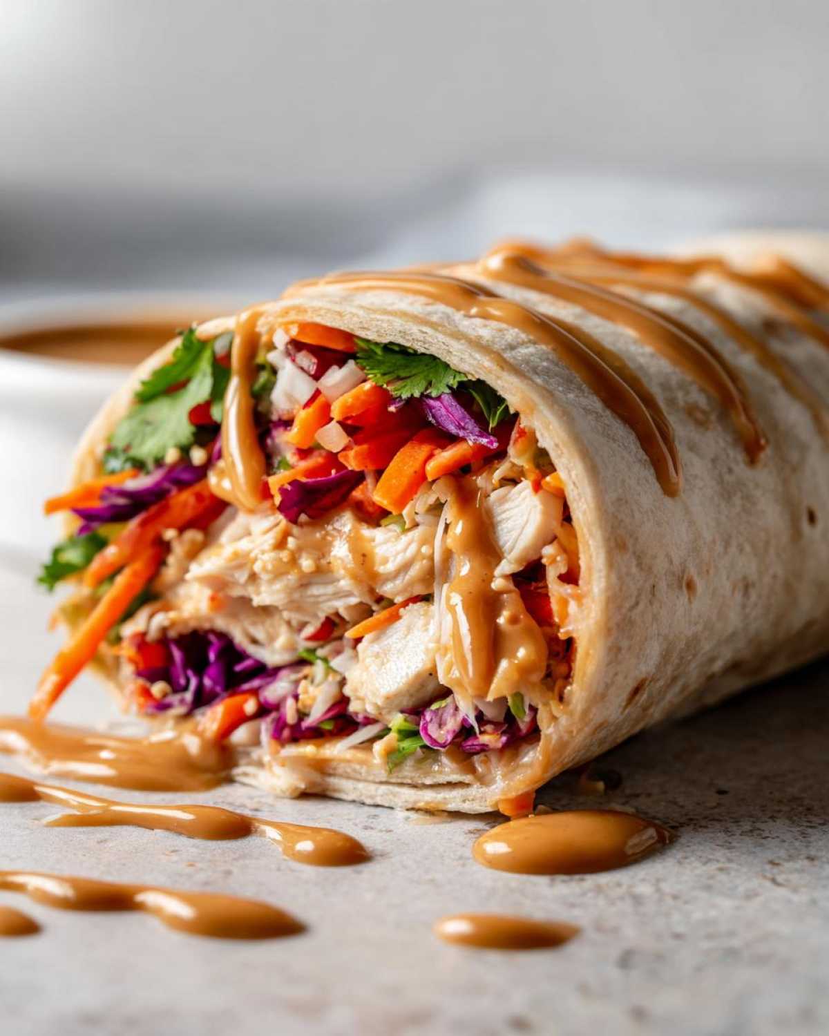 A cross-section of a delicious Thai Chicken Wrap Recipe showing shredded chicken, colorful slaw, and a generous drizzle of peanut sauce.