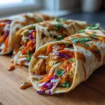 Close-up of several delicious Thai Chicken Wrap Recipe servings filled with chicken, shredded carrots, and cabbage, drizzled with sauce.