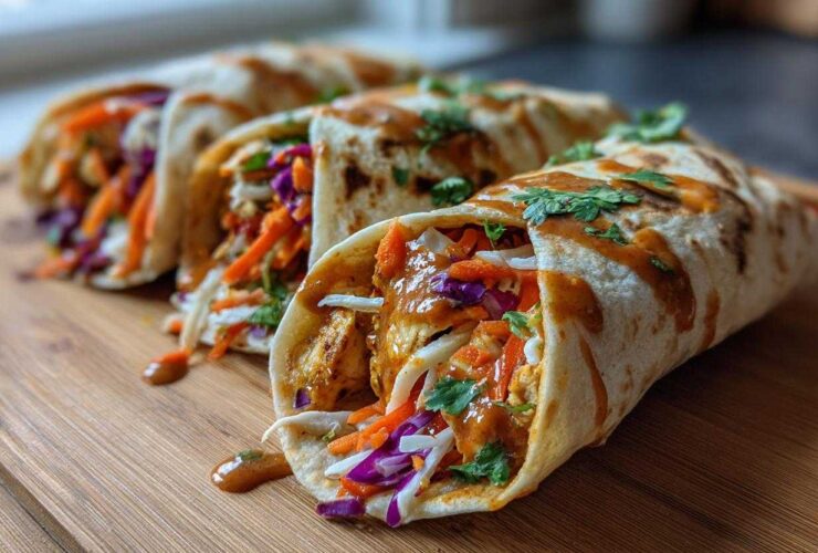 Close-up of several delicious Thai Chicken Wrap Recipe servings filled with chicken, shredded carrots, and cabbage, drizzled with sauce.