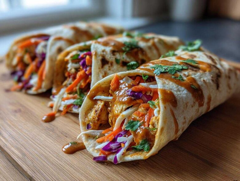 Close-up of several delicious Thai Chicken Wrap Recipe servings filled with chicken, shredded carrots, and cabbage, drizzled with sauce.