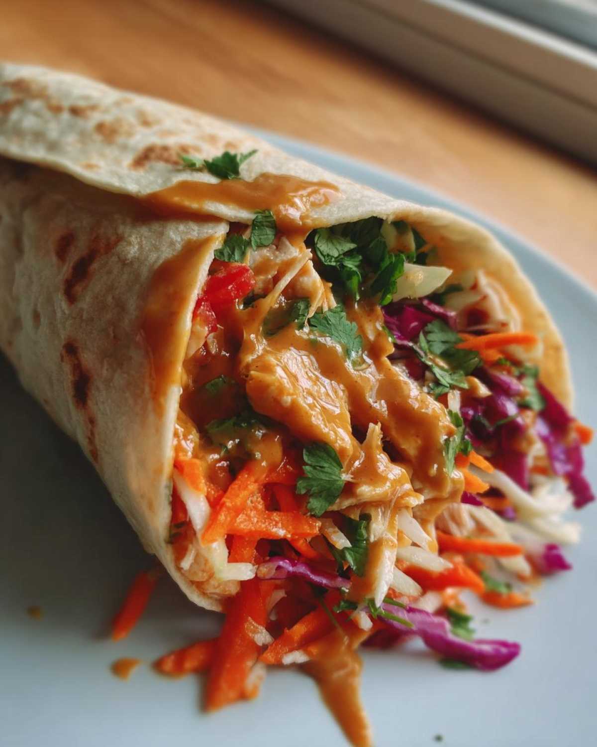 A close-up of a delicious Thai Chicken Wrap Recipe filled with shredded chicken, colorful slaw, and drizzled generously with peanut sauce.