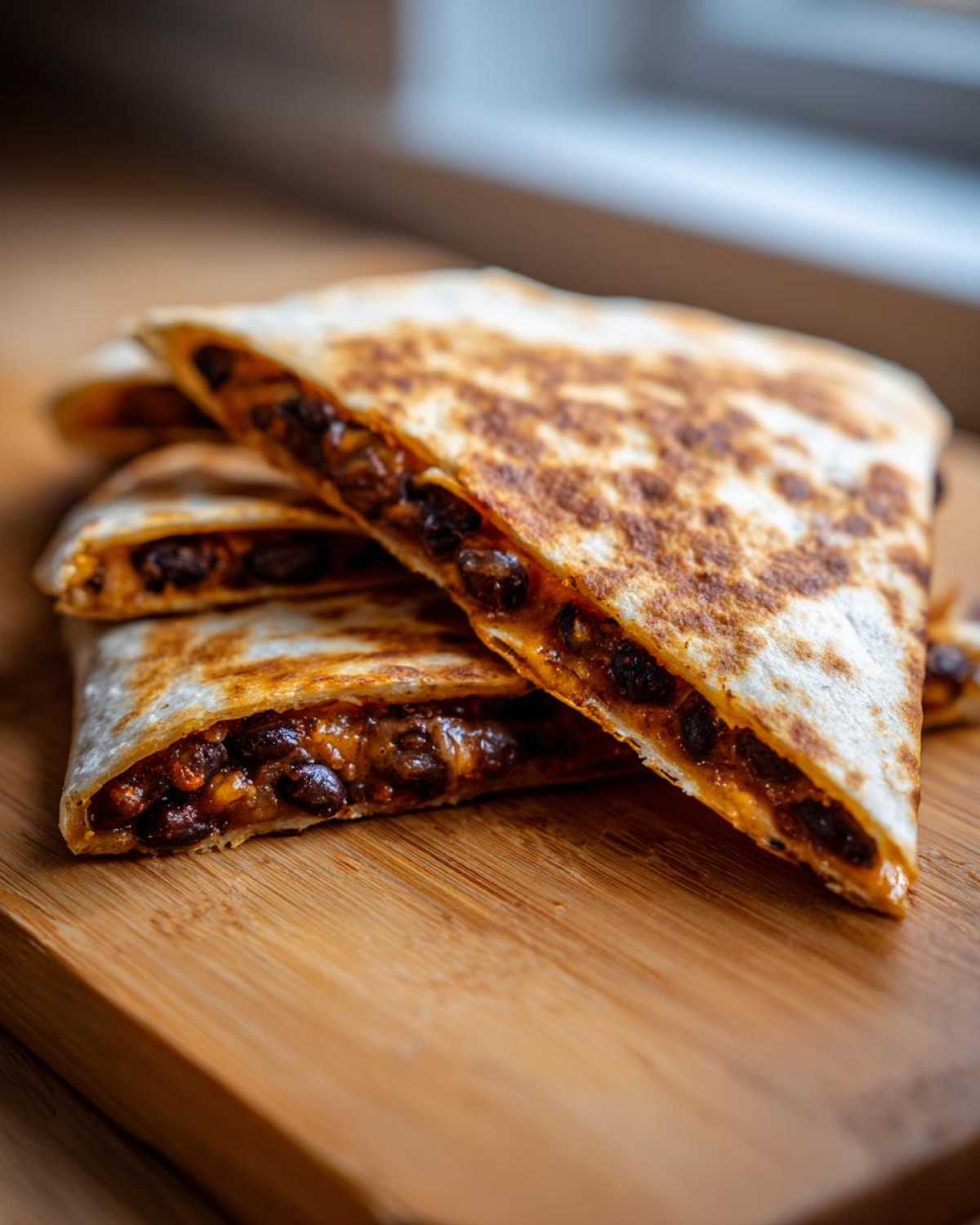 Close-up of stacked, grilled Vegan Black Bean Quesadillas halves showing the rich black bean filling on a wooden board.