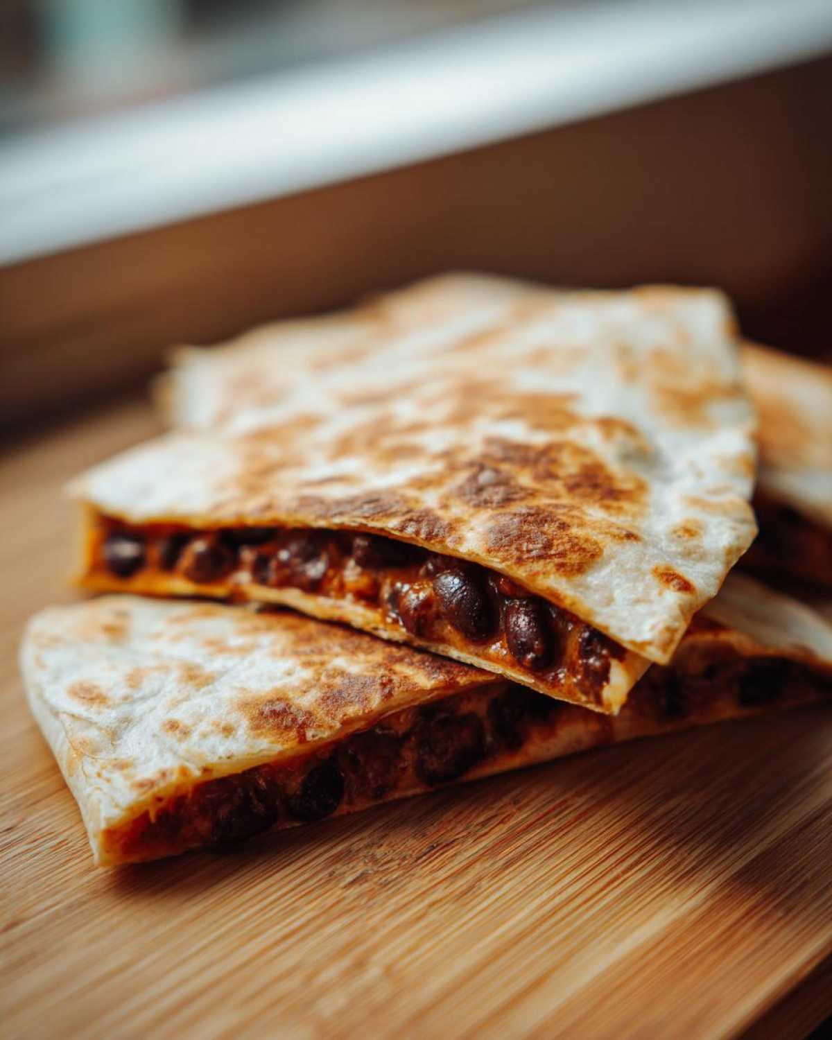 Close-up of two wedges of golden brown Vegan Black Bean Quesadillas stacked on a wooden cutting board.