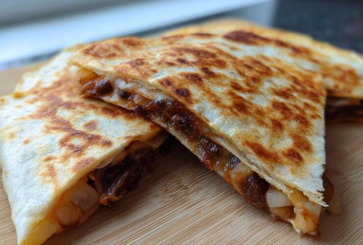 Two golden brown slices of Vegan Black Bean Quesadillas, showing the melted filling and crispy tortilla.