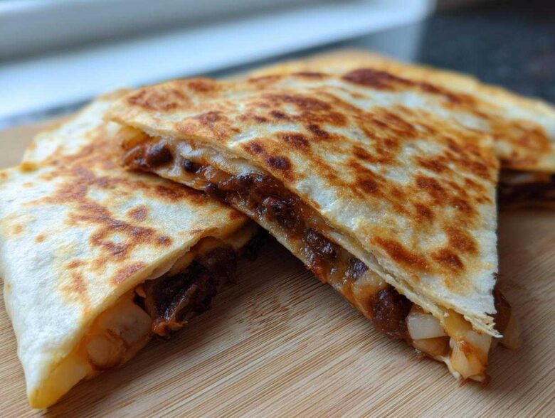 Two golden brown slices of Vegan Black Bean Quesadillas, showing the melted filling and crispy tortilla.