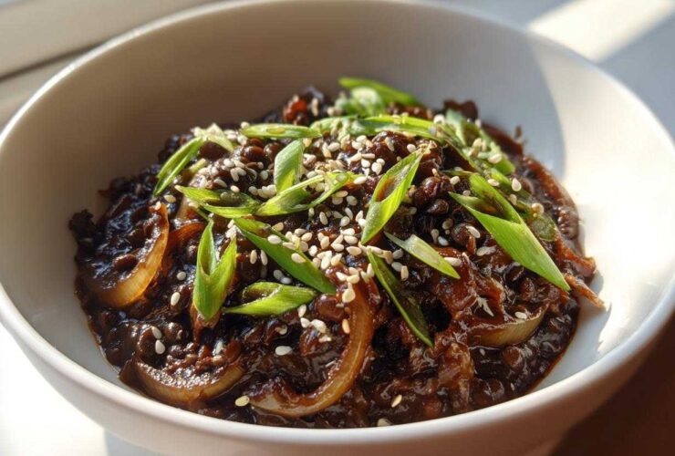 Close-up of Vegan Korean Bulgogi Lentils served in a white bowl, topped with sesame seeds and sliced green onions.