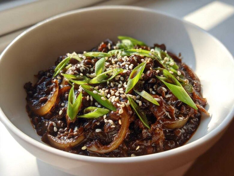 Close-up of Vegan Korean Bulgogi Lentils served in a white bowl, topped with sesame seeds and sliced green onions.