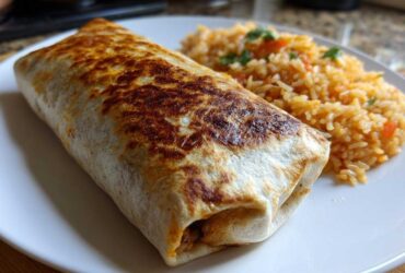 A perfectly grilled Vegetarian Bean Cheese Burrito served next to a side of Mexican rice on a white plate.
