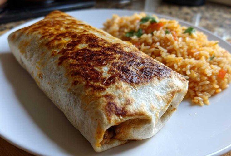 A perfectly grilled Vegetarian Bean Cheese Burrito served next to a side of Mexican rice on a white plate.