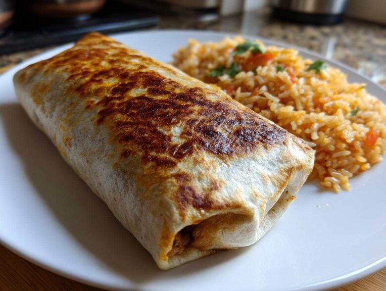 A perfectly grilled Vegetarian Bean Cheese Burrito served next to a side of Mexican rice on a white plate.