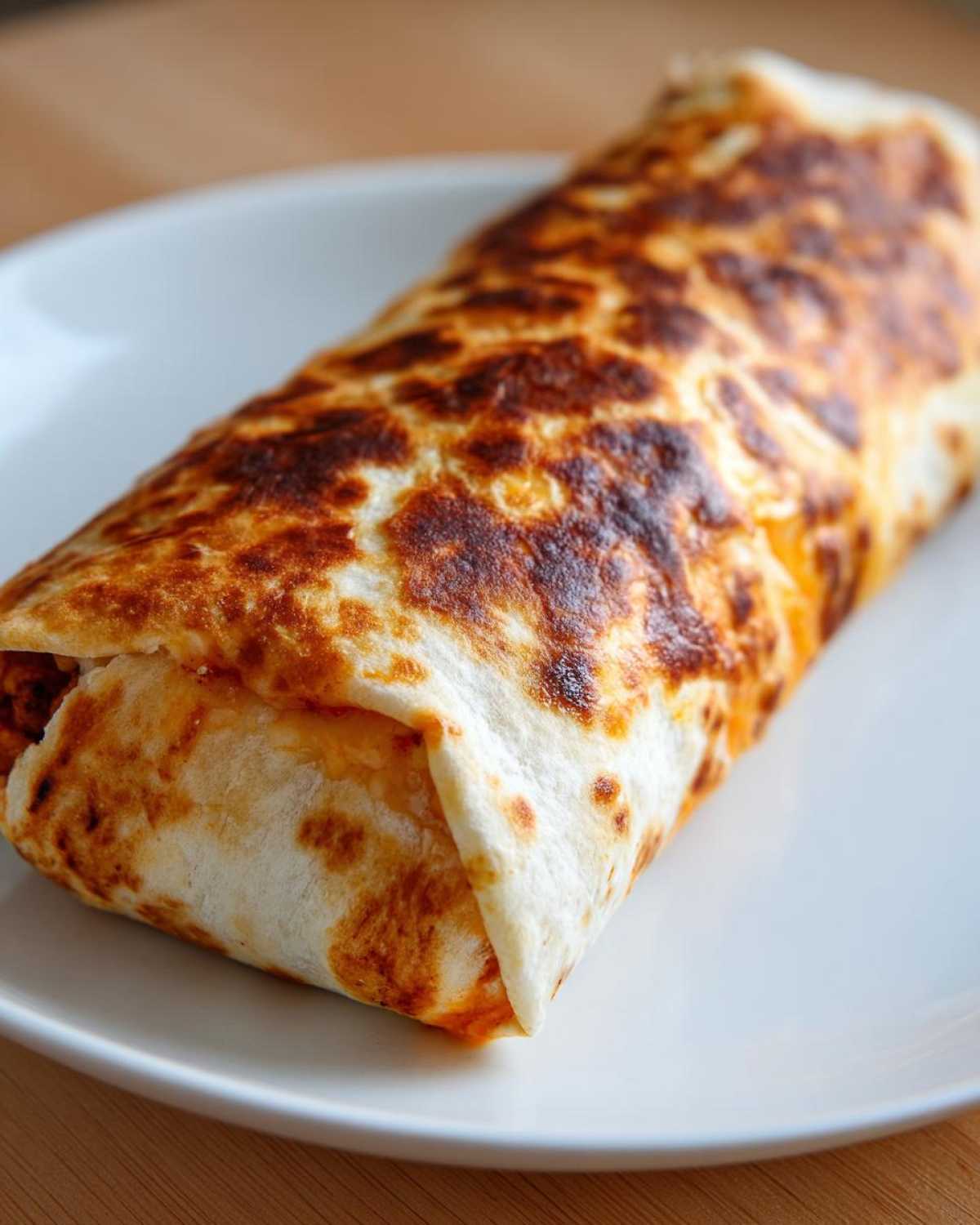 A single, perfectly grilled Vegetarian Bean Cheese Burrito with a golden-brown, slightly charred tortilla, resting on a white plate.