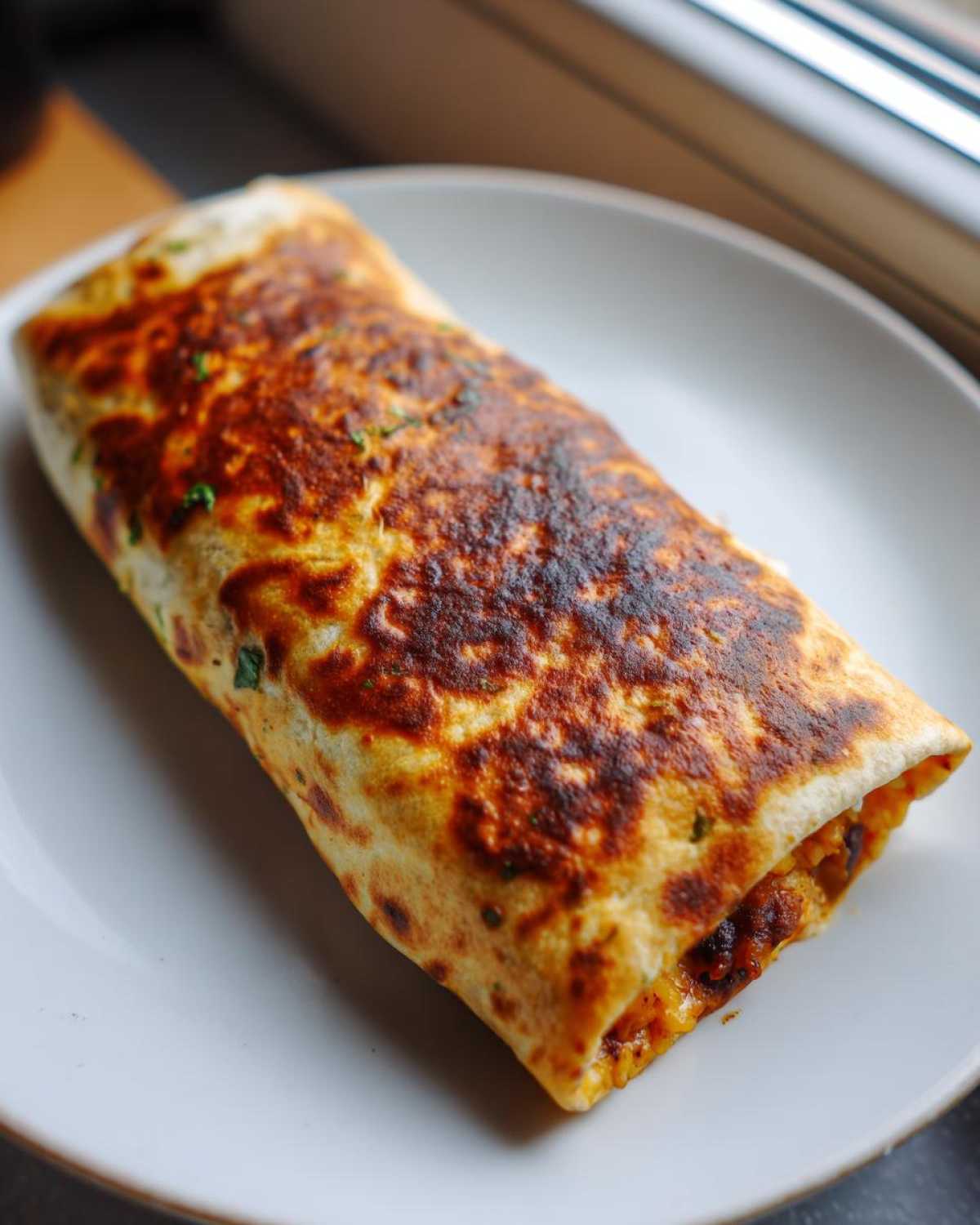 A perfectly grilled Vegetarian Bean Cheese Burrito with a crispy, golden-brown tortilla served on a white plate.