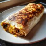A perfectly grilled Vegetarian Bean Cheese Burrito showing melted cheese and filling spilling out slightly.