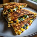Close-up of stacked, golden brown Vegetarian Quesadillas oozing melted cheese, filled with corn, black beans, and spinach.
