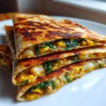 Stack of three golden-brown Vegetarian Quesadillas filled with melted cheese, corn, and spinach.