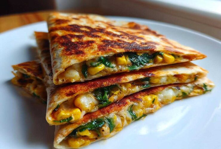 Stack of three golden-brown Vegetarian Quesadillas filled with melted cheese, corn, and spinach.