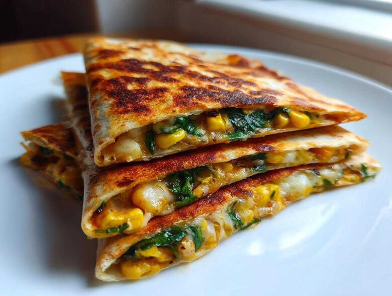 Stack of three golden-brown Vegetarian Quesadillas filled with melted cheese, corn, and spinach.