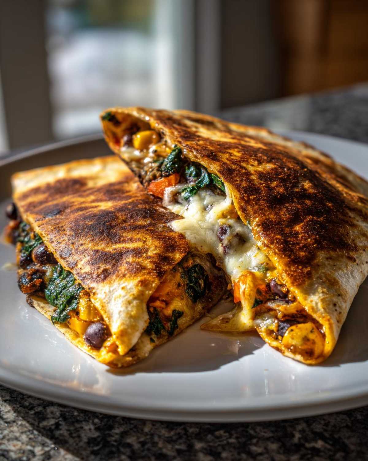Two halves of a golden-brown Vegetarian Quesadillas cut open, showing melted cheese, black beans, and spinach filling.
