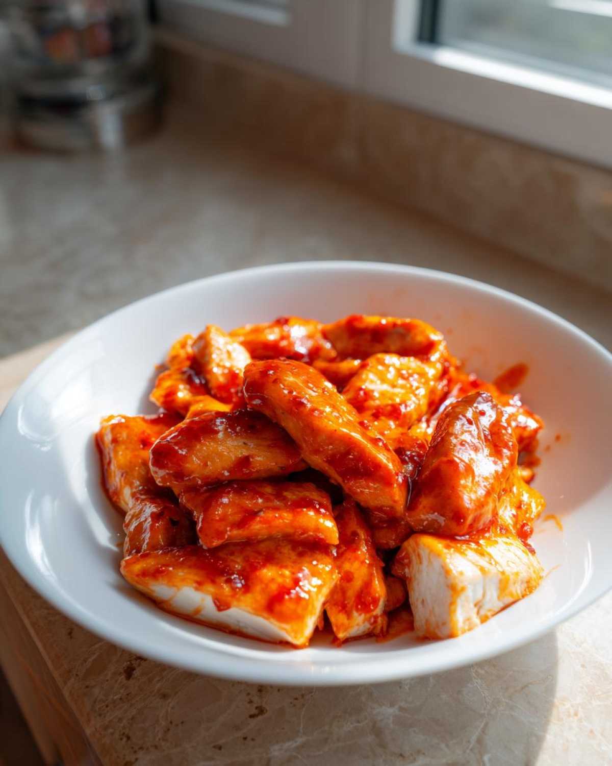 Close-up of bite-sized pieces of Very Affordable Sweet Chili Chicken coated in a glossy, bright red sauce in a white bowl.