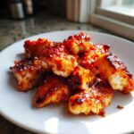 Close-up of crispy chicken pieces coated in a shiny, dark orange Very Affordable Sweet Chili Chicken glaze on a white plate.