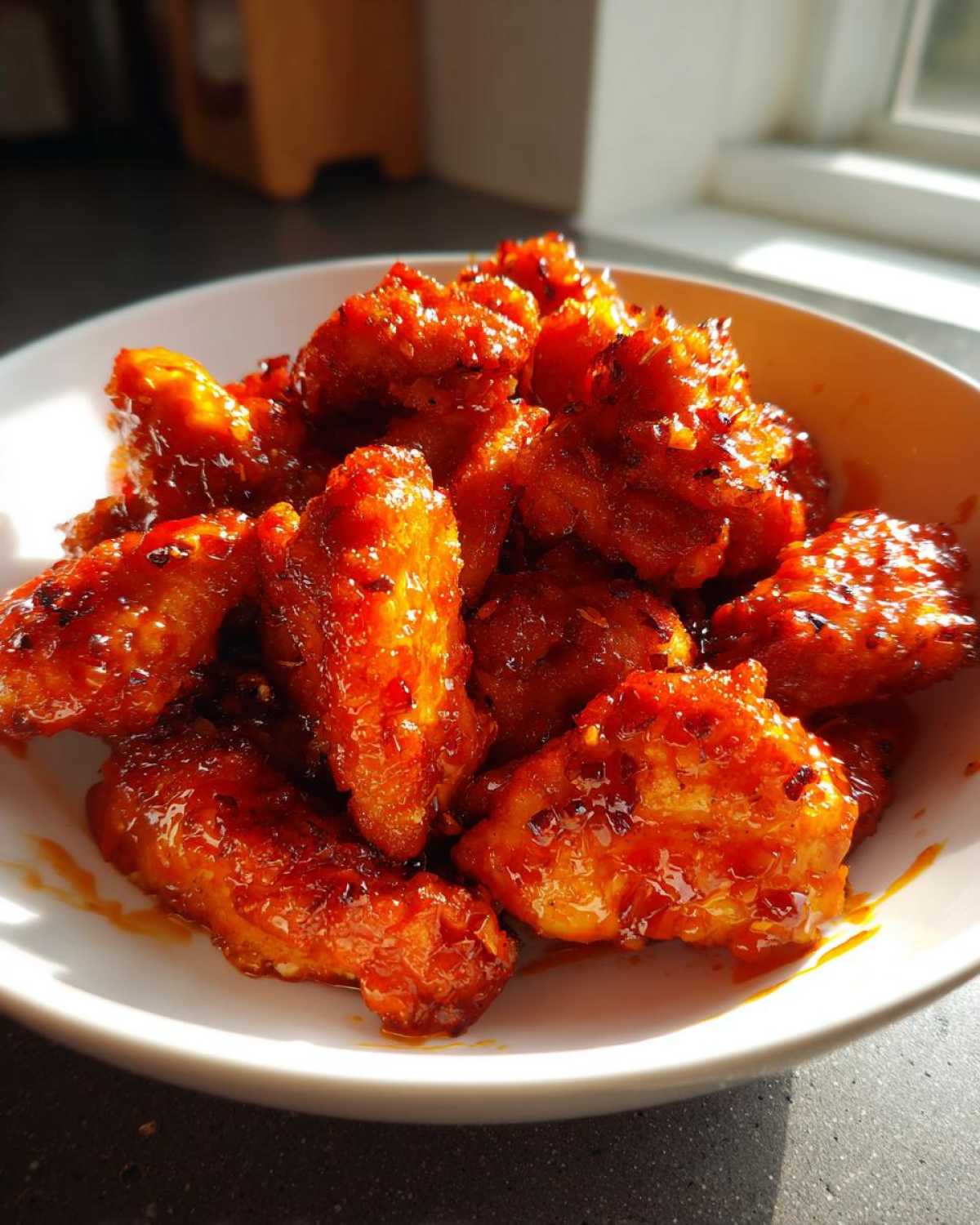 Close-up of crispy, glazed pieces of Very Affordable Sweet Chili Chicken piled high in a white bowl.